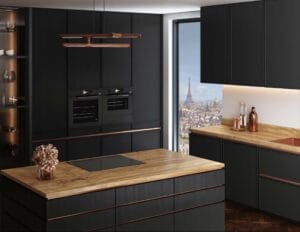 La nouvelle cuisine Philharmonie de De Dietrich avec ses fours, lave-vaisselle, plaques induction et cave à vin premium.