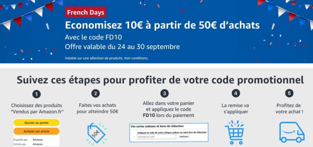 Amazon offre 10 € pour 50 € d'achats pour les French Days