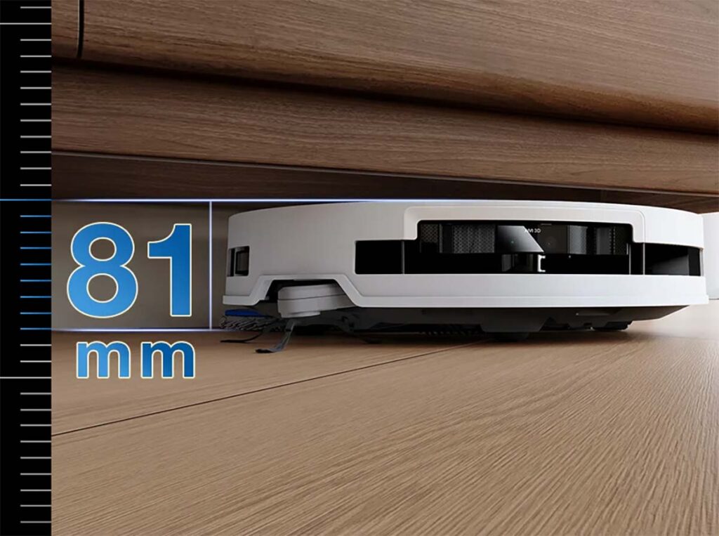 Avec seulement 81 mm d’épaisseur, le Deebot T50 Pro Omni atteint les zones difficiles sous les meubles.