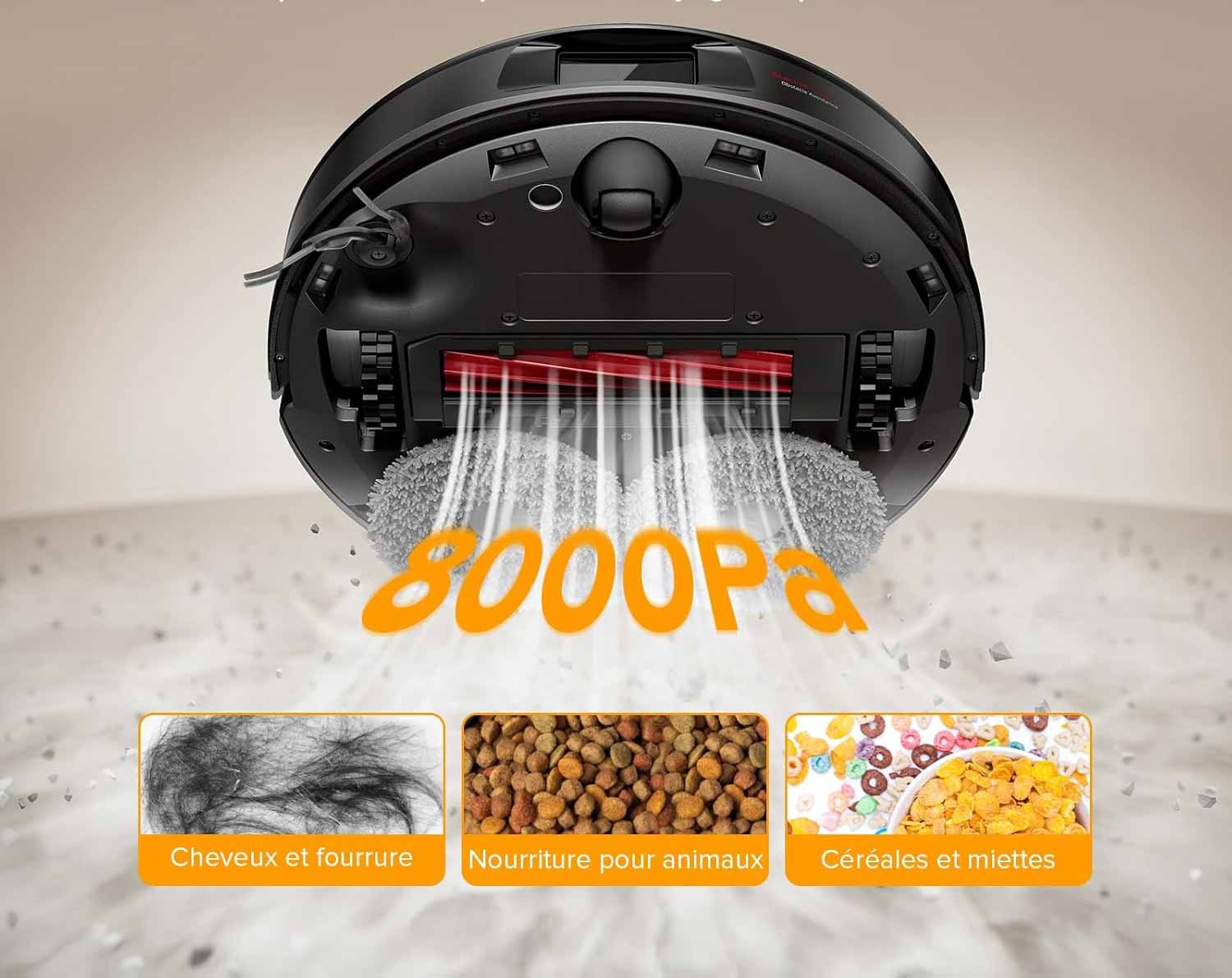 Aspiration HyperForce de 8 000 Pa pour un nettoyage en profondeur sur tous types de sols.