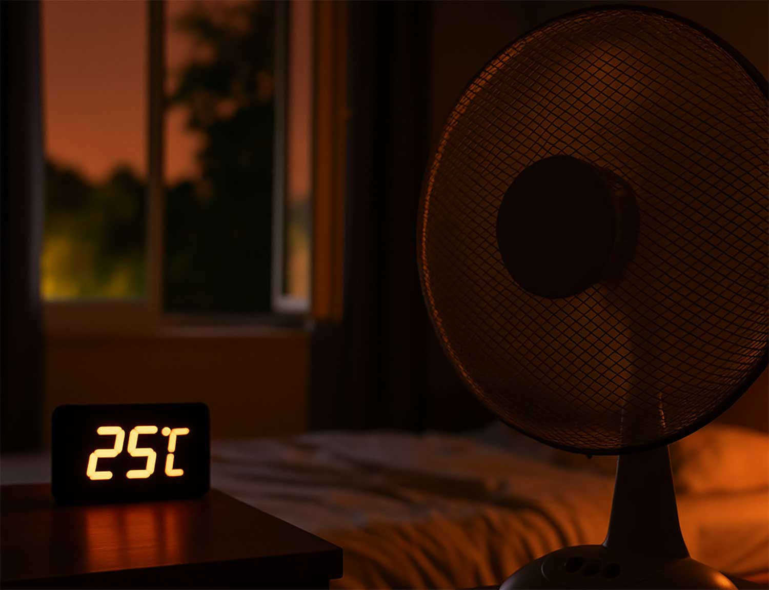 Ventilateur en fonctionnement dans une chambre à 25 °C pendant une nuit chaude d’été