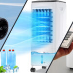 Ventilateur, rafraîchisseur d’air et climatiseur mobile côte à côte pour illustrer les différentes solutions de rafraîchissement.