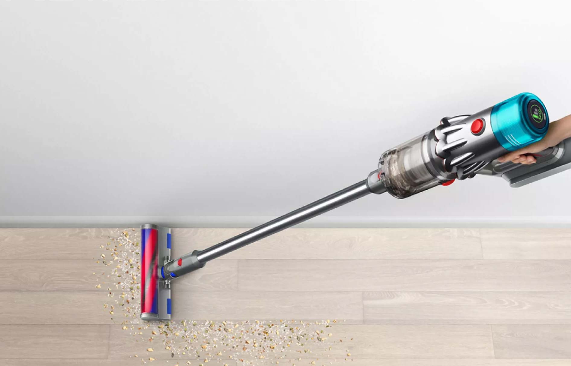 Dyson V12 Origin en action sur parquet
