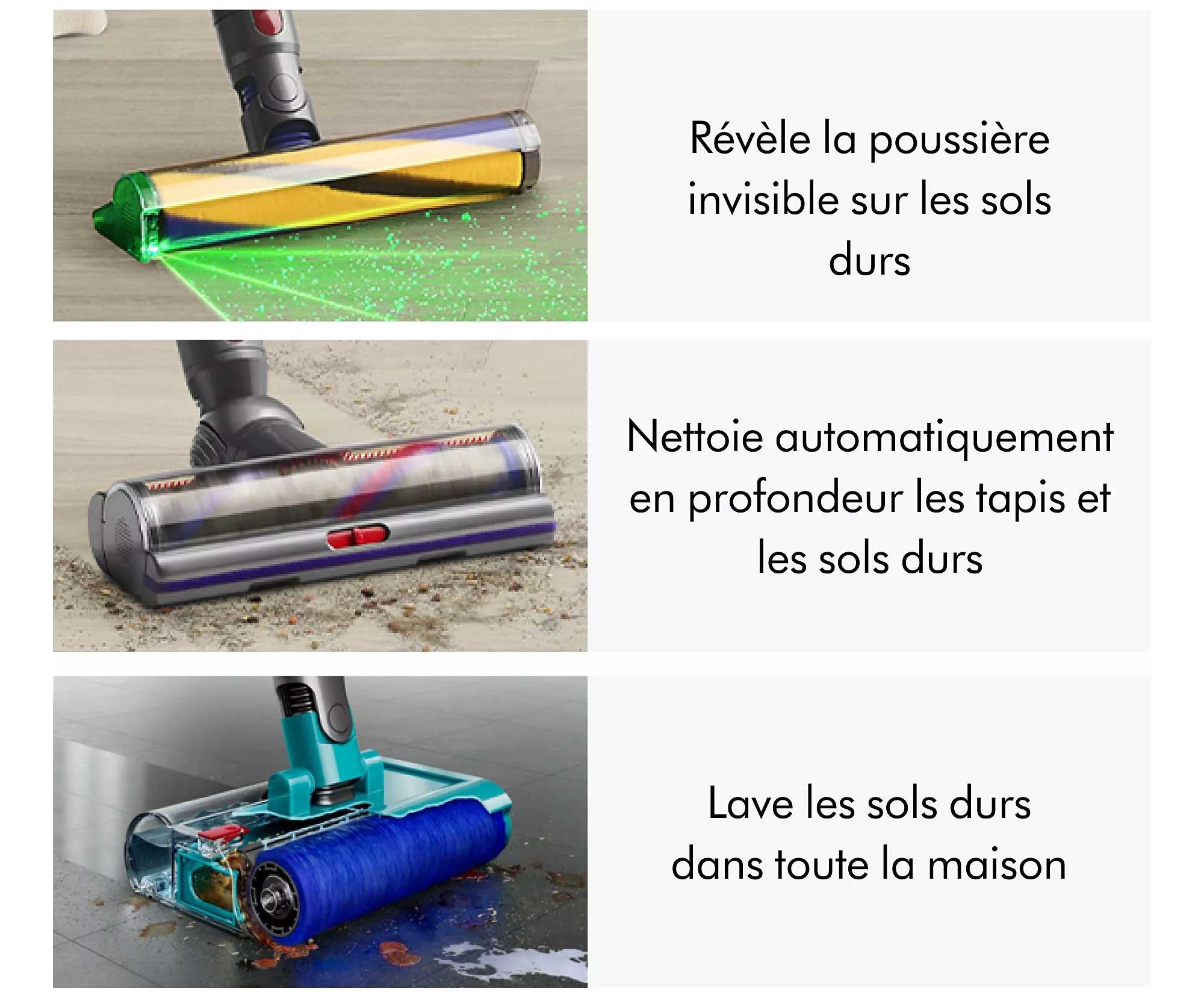 Les trois brosses du Dyson V15s : Submarine, Motorbar et Fluffy Optic