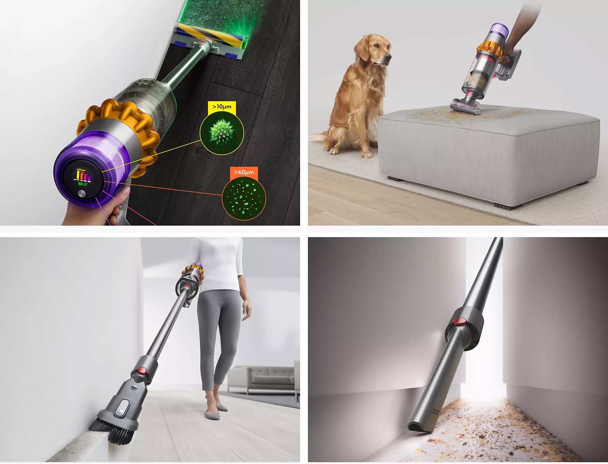 spirateur Dyson V15s utilisé sur parquet, canapé et angles