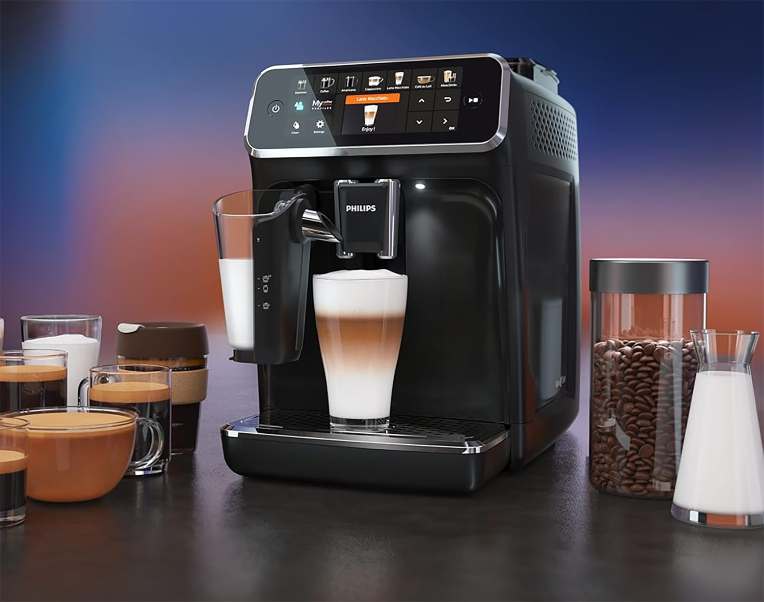 Philips LatteGo 5400 avec plusieurs boissons café autour