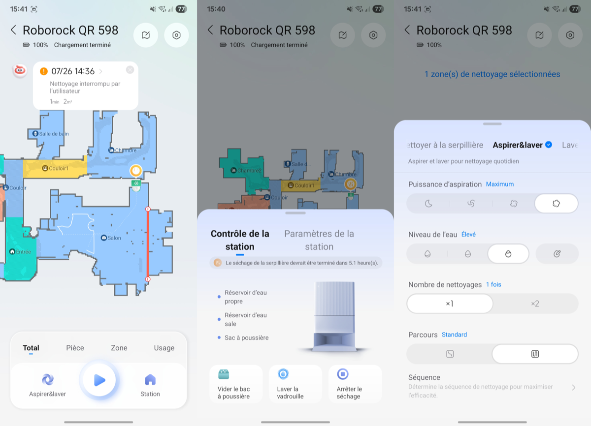 Capture de l’application Roborock QV 35A affichant la carte du logement et les réglages de nettoyage