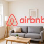 Caméra de surveillance fixée dans un salon moderne avec le logo Airbnb, illustrant l’interdiction des caméras intérieures dans les locations.