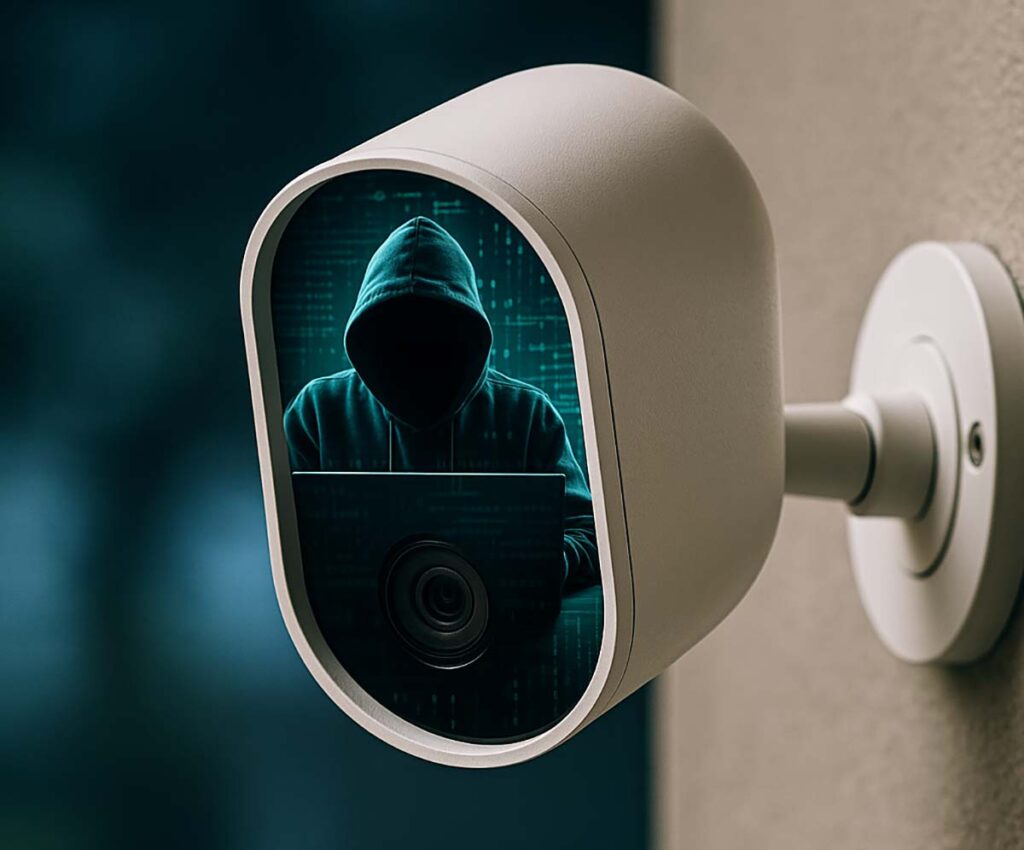Caméra de surveillance piratée avec silhouette de hacker en arrière-plan