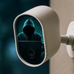 Caméra de surveillance piratée avec silhouette de hacker en arrière-plan