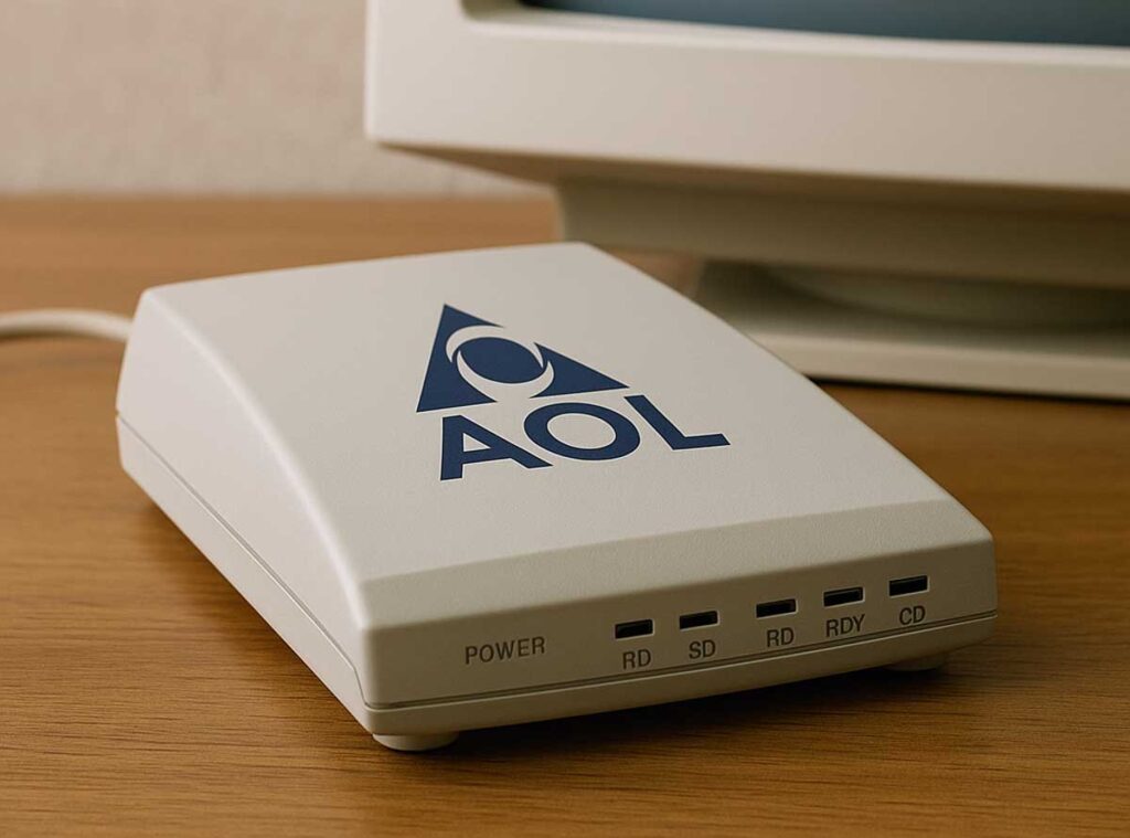 Modem AOL vintage sur un bureau avec écran CRT en arrière-plan