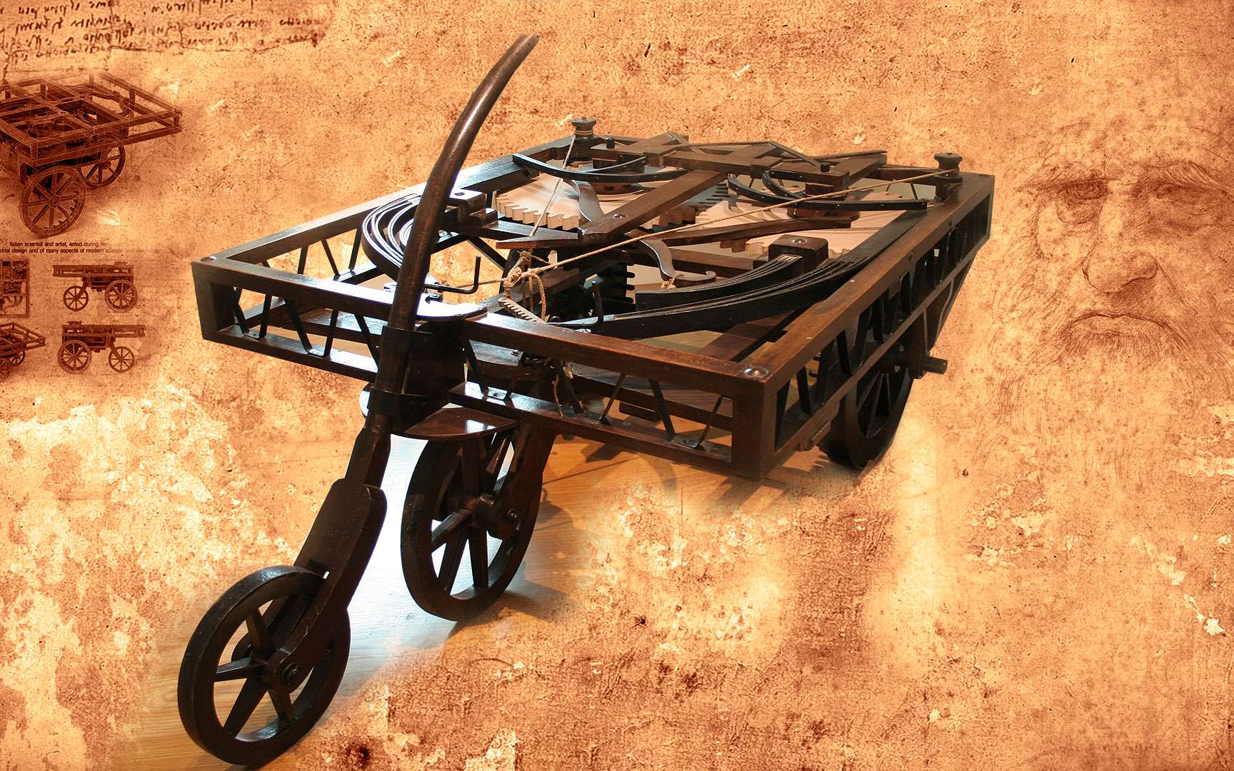 Schéma d’une machine de Léonard de Vinci inspirant les premiers concepts d’automobile, extrait du Codex Atlanticus, Bibliothèque Ambrosienne, Milan.