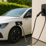 Voiture électrique en cours de recharge sur une borne murale à domicile.