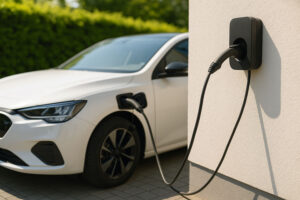 Voiture électrique en cours de recharge sur une borne murale à domicile.