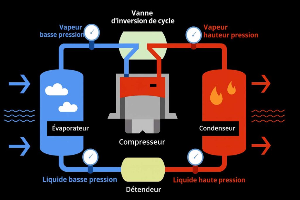 Schéma expliquant le fonctionnement d’un sèche-linge à pompe à chaleur avec évaporateur, compresseur, condenseur et détendeur.