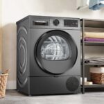 Sèche-linge Bosch à pompe à chaleur offrant un séchage efficace et économe en énergie.
