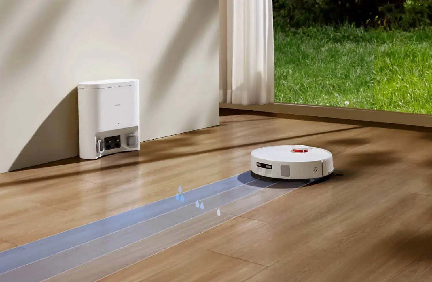 Xiaomi Robot Vacuum H40 en train de laver le sol avec réglage du débit d’eau
